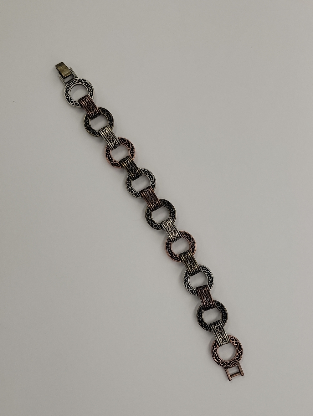 Antique Silver, Gold And Bronze Finish Circular Link Bracelet - Three Tone Metal